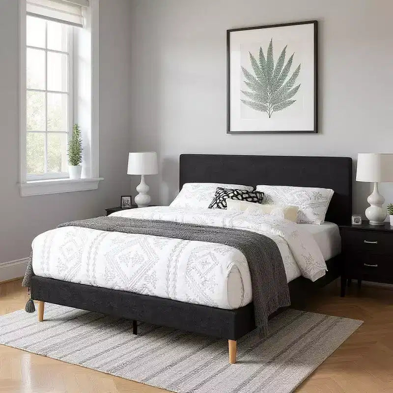 MAYEERTY Platform Bed Frame - Upholstered Padded Headboard, 12 Wood Slats & Center Support Leg