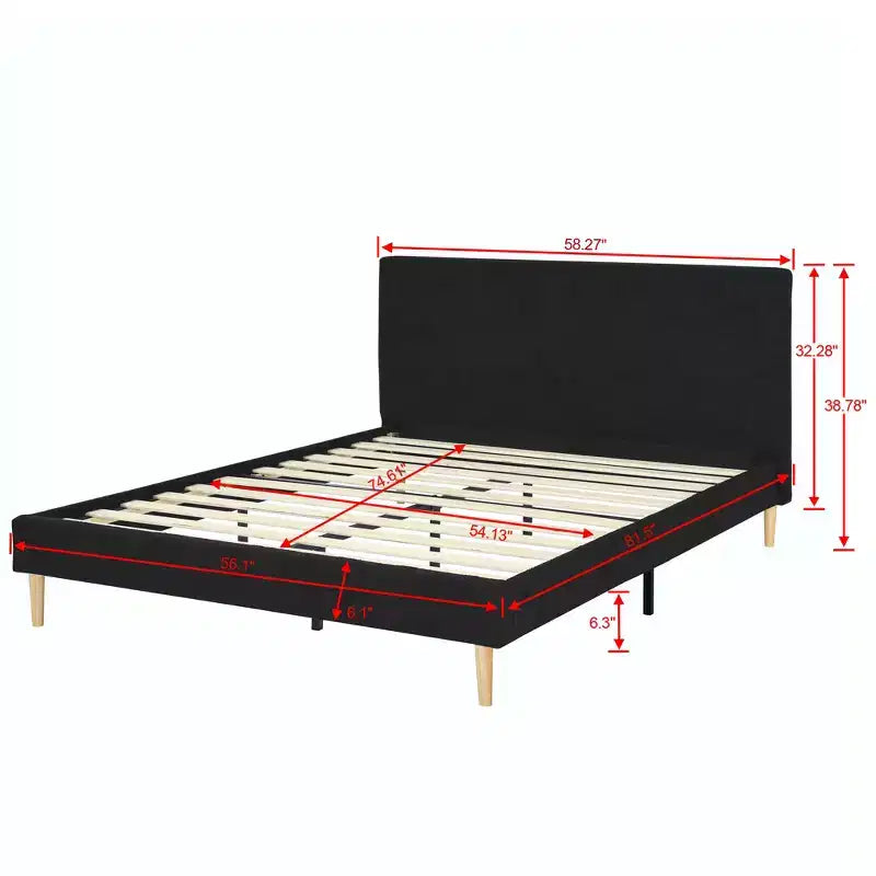 MAYEERTY Platform Bed Frame - Upholstered Padded Headboard, 12 Wood Slats & Center Support Leg