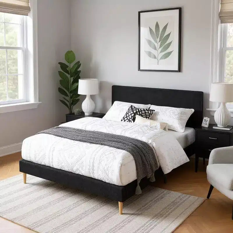MAYEERTY Platform Bed Frame - Upholstered Padded Headboard, 12 Wood Slats & Center Support Leg