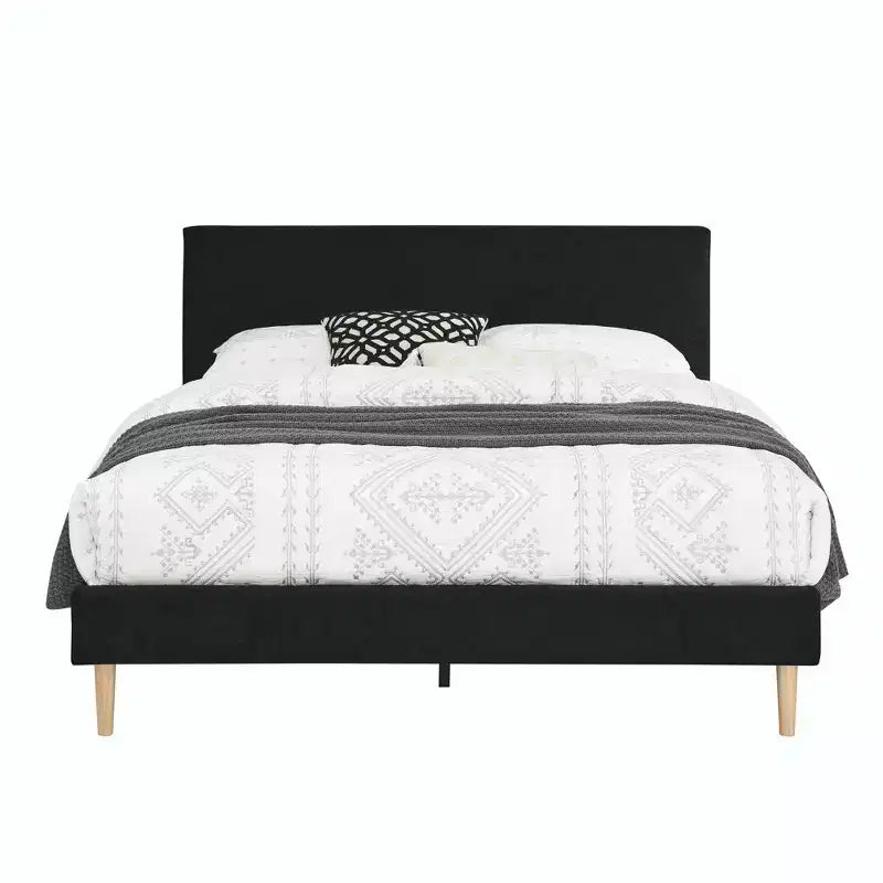 MAYEERTY Platform Bed Frame - Upholstered Padded Headboard, 12 Wood Slats & Center Support Leg