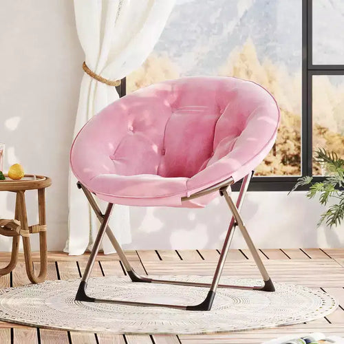 Adult folding chair, flower-shaped faux fur round chair, thick cushion for comfort, sturdy metal frame, suitable for bedroomliving room, pink & gold