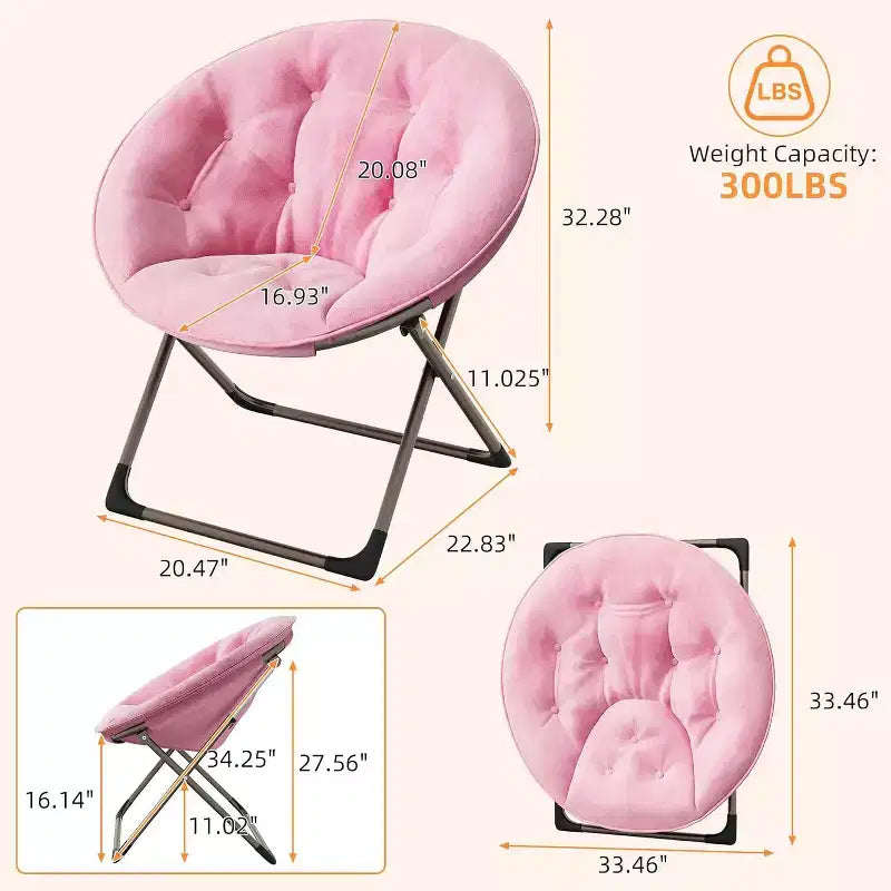 Adult folding chair, flower-shaped faux fur round chair, thick cushion for comfort, sturdy metal frame, suitable for bedroomliving room, pink & gold