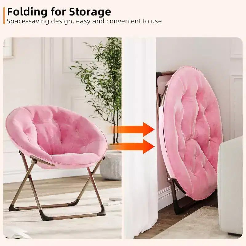 Adult folding chair, flower-shaped faux fur round chair, thick cushion for comfort, sturdy metal frame, suitable for bedroomliving room, pink & gold