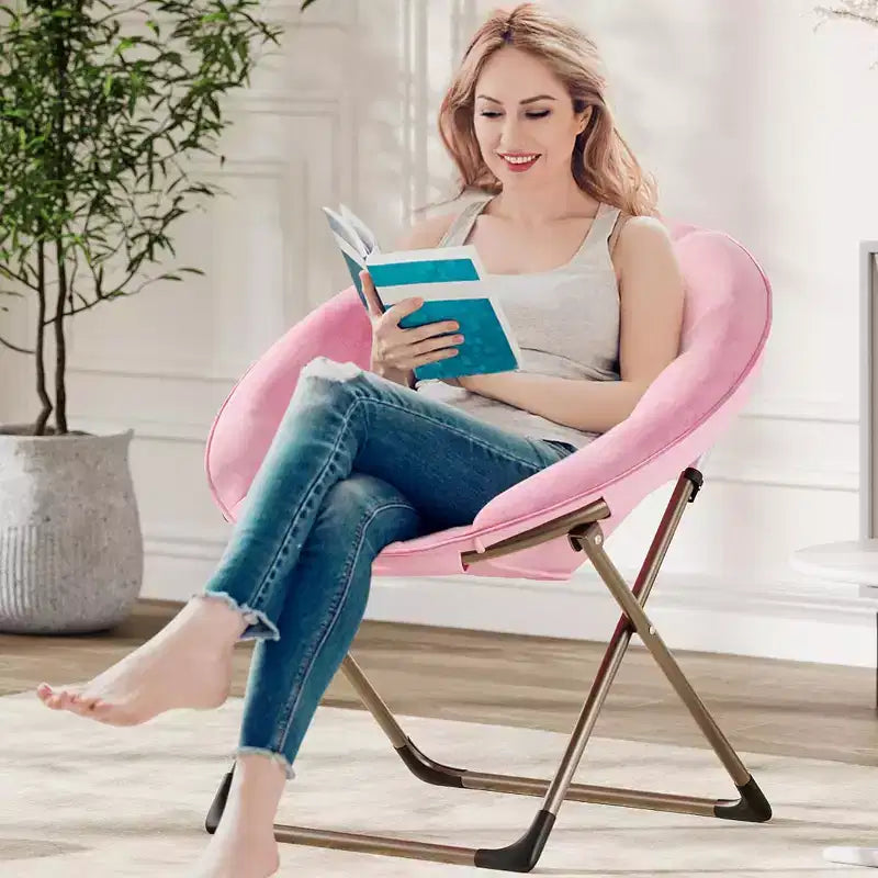 Adult folding chair, flower-shaped faux fur round chair, thick cushion for comfort, sturdy metal frame, suitable for bedroomliving room, pink & gold