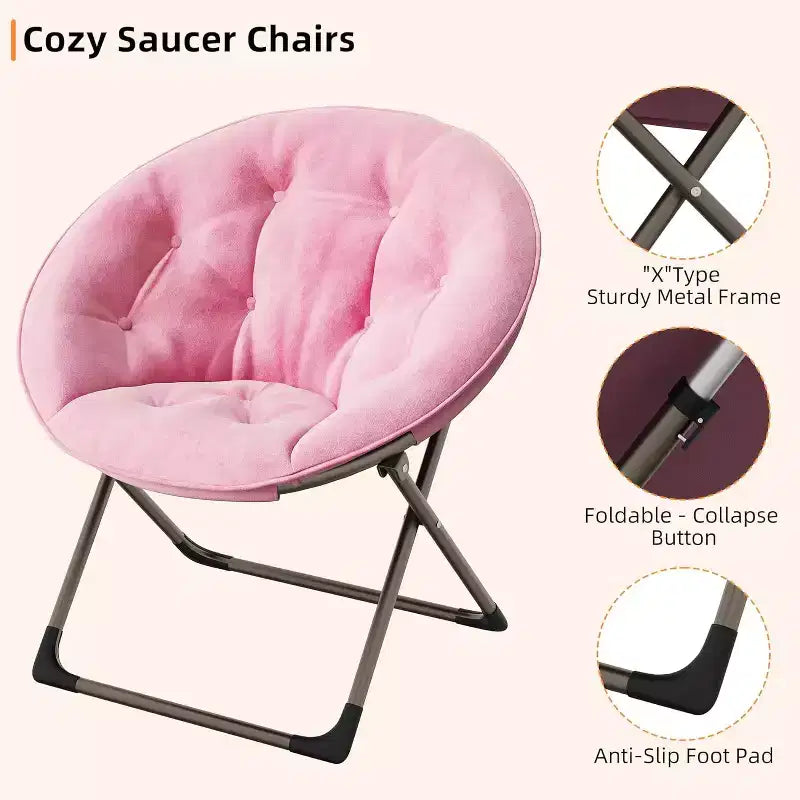 Adult folding chair, flower-shaped faux fur round chair, thick cushion for comfort, sturdy metal frame, suitable for bedroomliving room, pink & gold