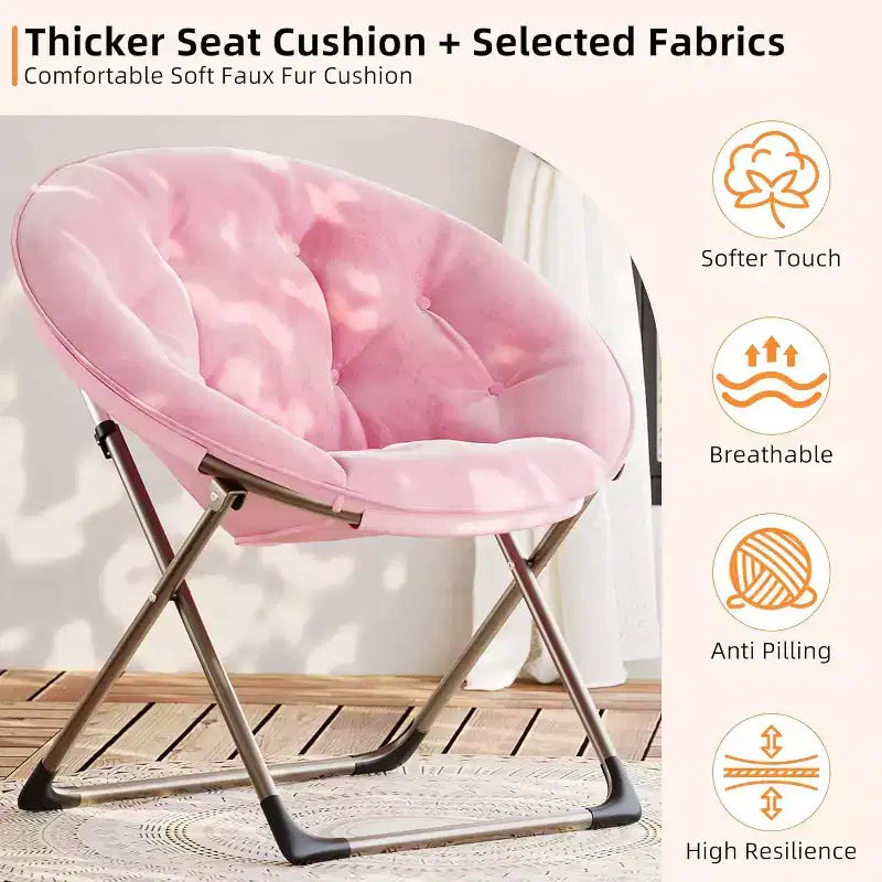 Adult folding chair, flower-shaped faux fur round chair, thick cushion for comfort, sturdy metal frame, suitable for bedroomliving room, pink & gold
