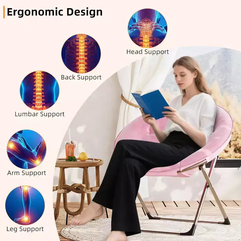 Adult folding chair, flower-shaped faux fur round chair, thick cushion for comfort, sturdy metal frame, suitable for bedroomliving room, pink & gold