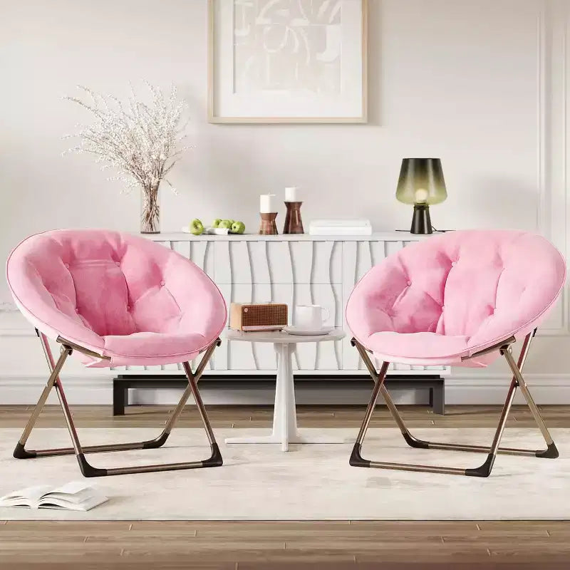 Adult folding chair, flower-shaped faux fur round chair, thick cushion for comfort, sturdy metal frame, suitable for bedroomliving room, pink & gold