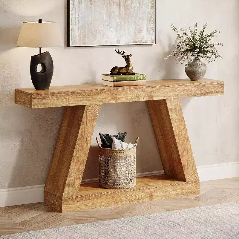 Lantine Farmhouse Console Table, 55-Inch Rustic Sofa Table with Storage, Industrial Wooden Entryway Table for Hallway, Living Room, Natural Brown