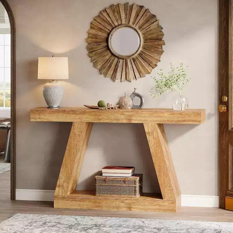 Lantine Farmhouse Console Table, 55-Inch Rustic Sofa Table with Storage, Industrial Wooden Entryway Table for Hallway, Living Room, Natural Brown