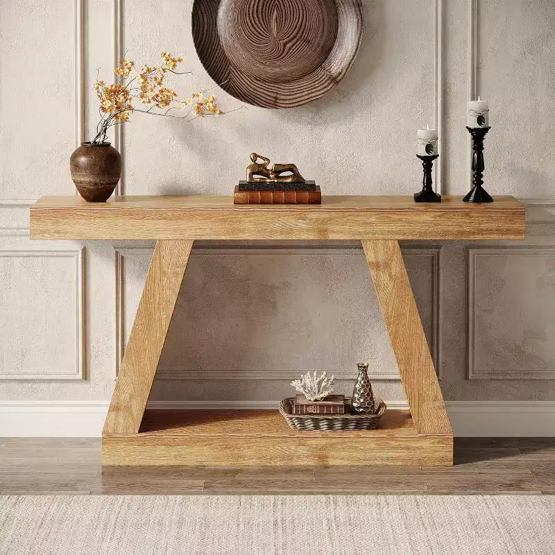 Lantine Farmhouse Console Table, 55-Inch Rustic Sofa Table with Storage, Industrial Wooden Entryway Table for Hallway, Living Room, Natural Brown