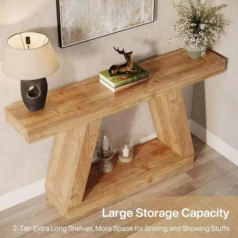 Lantine Farmhouse Console Table, 55-Inch Rustic Sofa Table with Storage, Industrial Wooden Entryway Table for Hallway, Living Room, Natural Brown