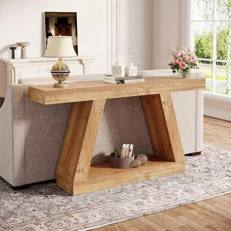 Lantine Farmhouse Console Table, 55-Inch Rustic Sofa Table with Storage, Industrial Wooden Entryway Table for Hallway, Living Room, Natural Brown