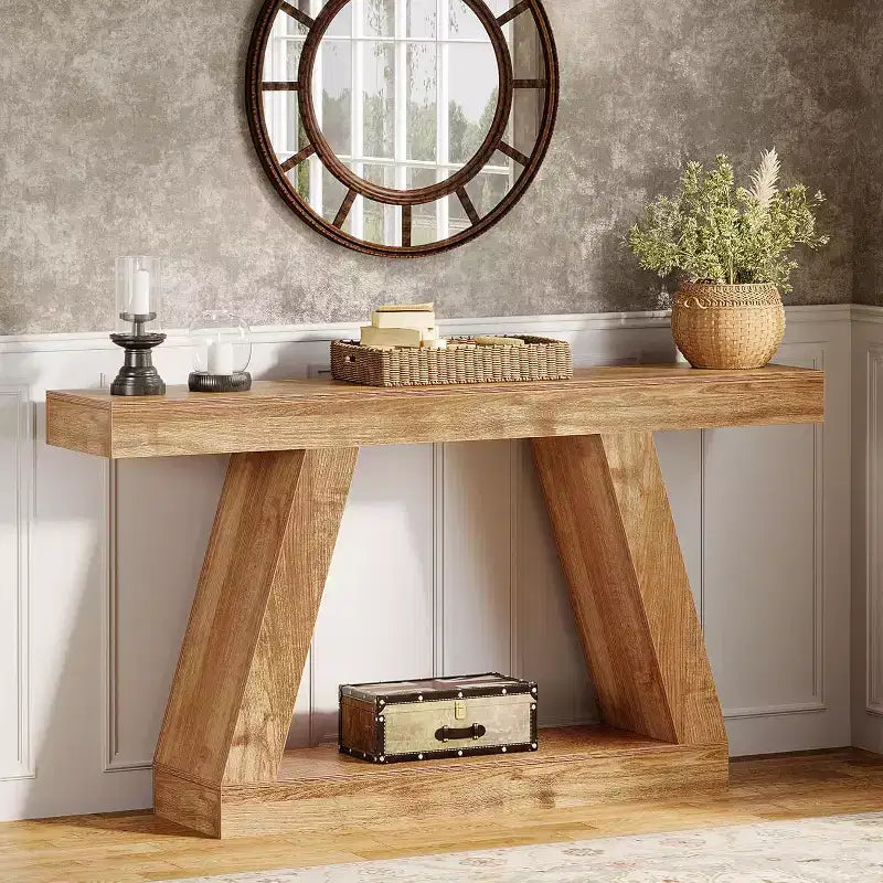 Lantine Farmhouse Console Table, 55-Inch Rustic Sofa Table with Storage, Industrial Wooden Entryway Table for Hallway, Living Room, Natural Brown