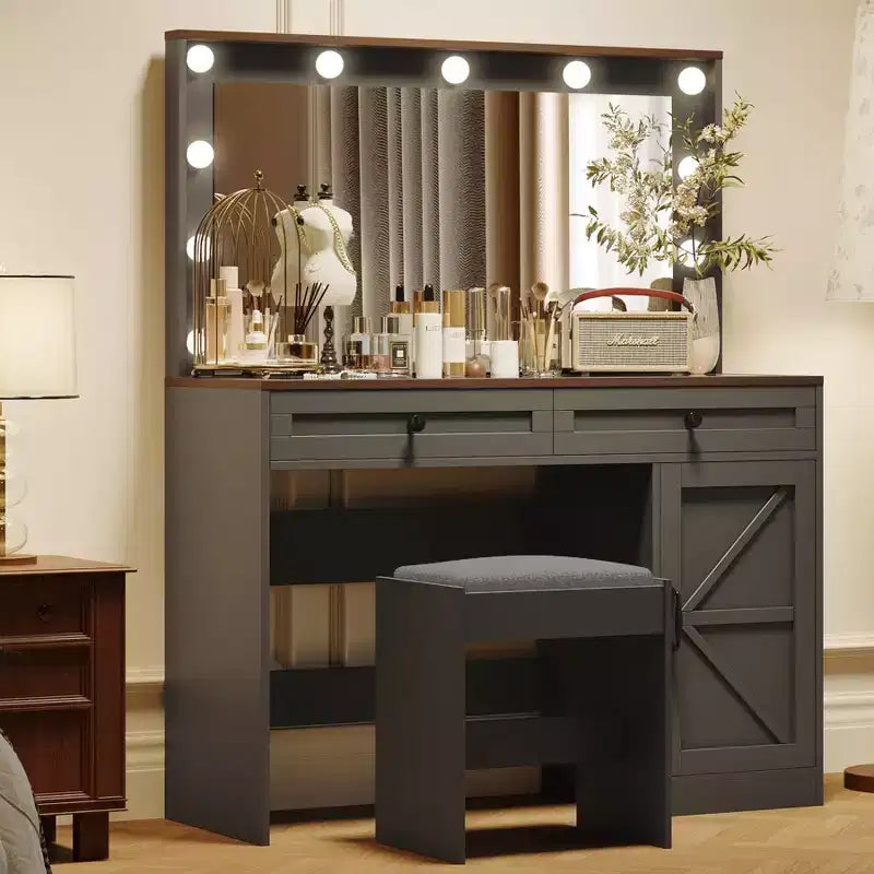Okak 43.4IN Farmhouse Makeup Vanity with Large Mirror, Vanity Desk with 2 Drawers and 1 Cabinet Door, Vanity Table for Girls and Women, Black