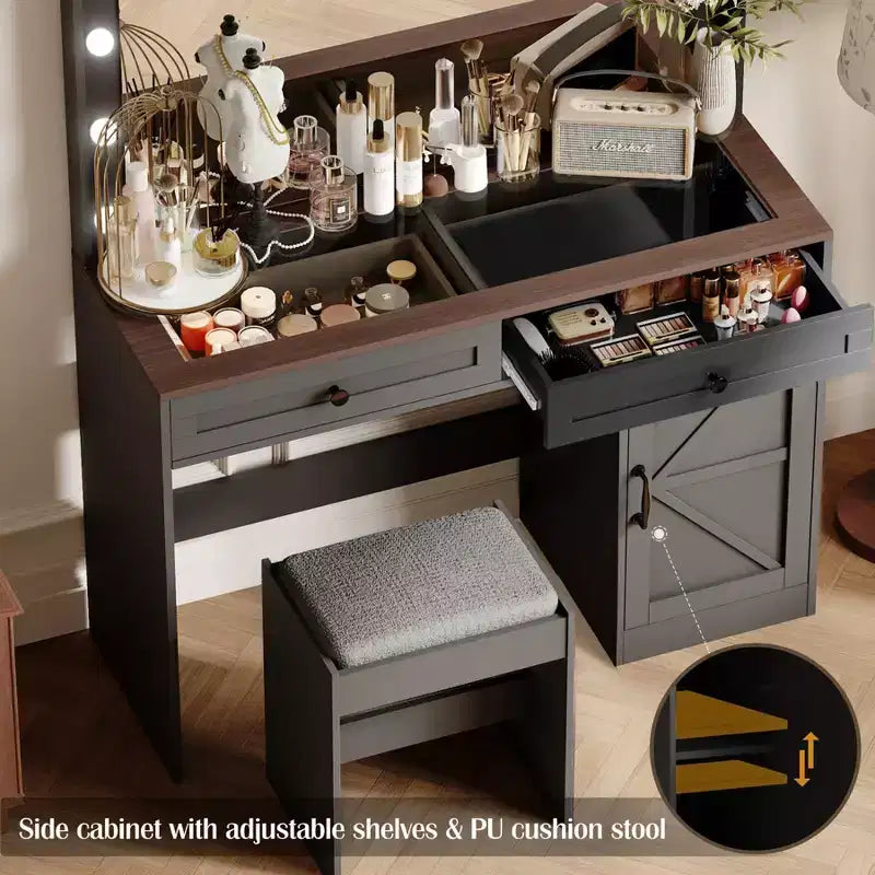 Okak 43.4IN Farmhouse Makeup Vanity with Large Mirror, Vanity Desk with 2 Drawers and 1 Cabinet Door, Vanity Table for Girls and Women, Black