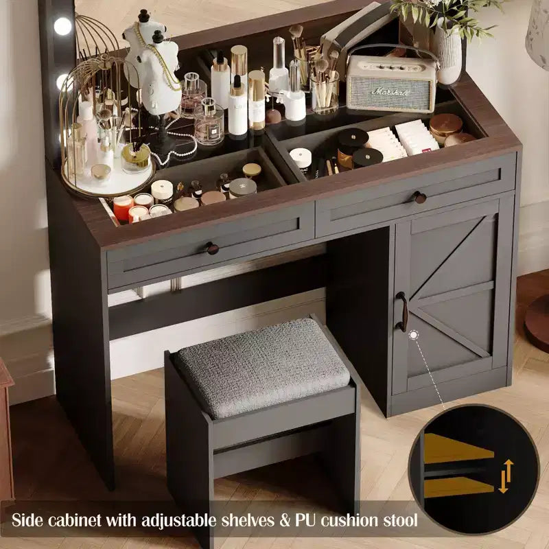 Okak 43.4IN Farmhouse Makeup Vanity with Large Mirror, Vanity Desk with 2 Drawers and 1 Cabinet Door, Vanity Table for Girls and Women, Black