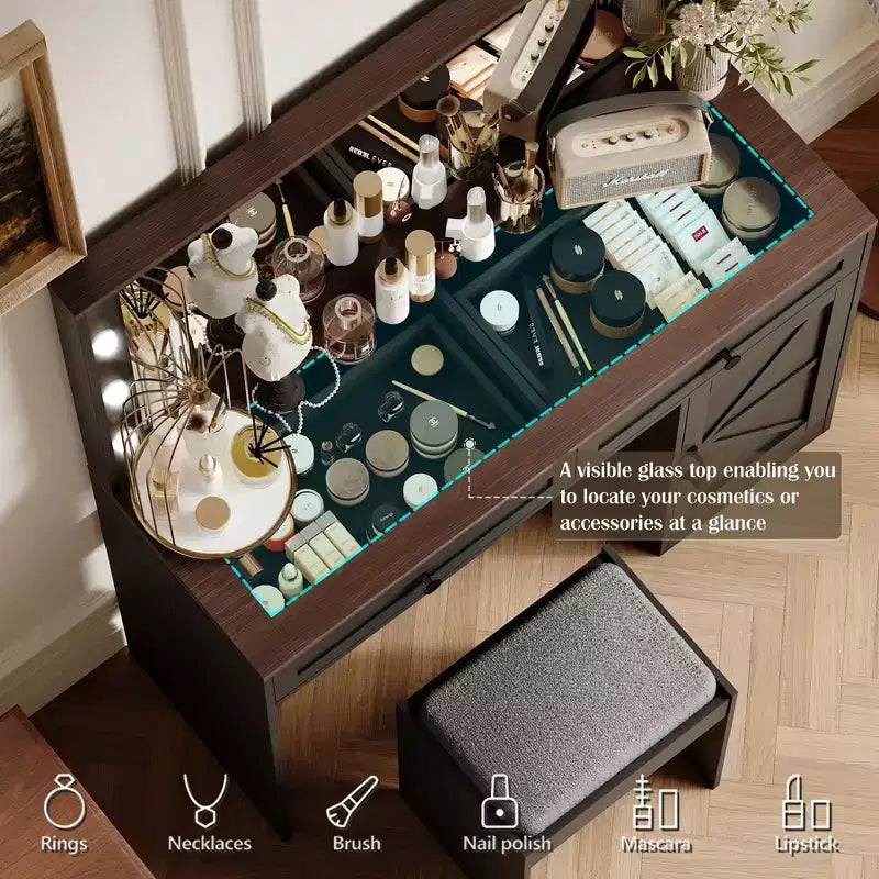 Okak 43.4IN Farmhouse Makeup Vanity with Large Mirror, Vanity Desk with 2 Drawers and 1 Cabinet Door, Vanity Table for Girls and Women, Black