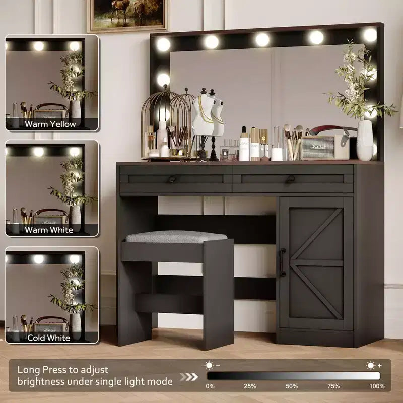 Okak 43.4IN Farmhouse Makeup Vanity with Large Mirror, Vanity Desk with 2 Drawers and 1 Cabinet Door, Vanity Table for Girls and Women, Black