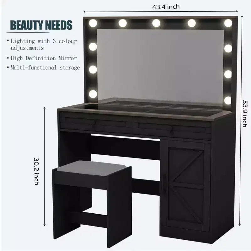 Okak 43.4IN Farmhouse Makeup Vanity with Large Mirror, Vanity Desk with 2 Drawers and 1 Cabinet Door, Vanity Table for Girls and Women, Black