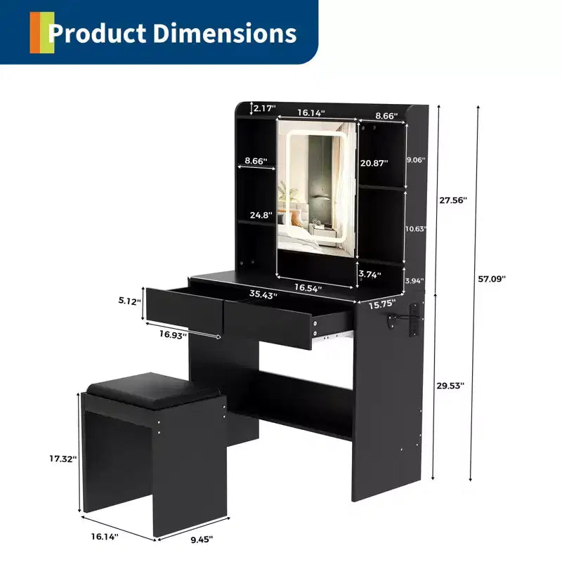 Vanity Desk with Mirror and Lights, for Bedroom, Adjustable 3 Color Lights Modes, Includes Padded Stool, Makeup Table Set with Hidden Storage Shelves