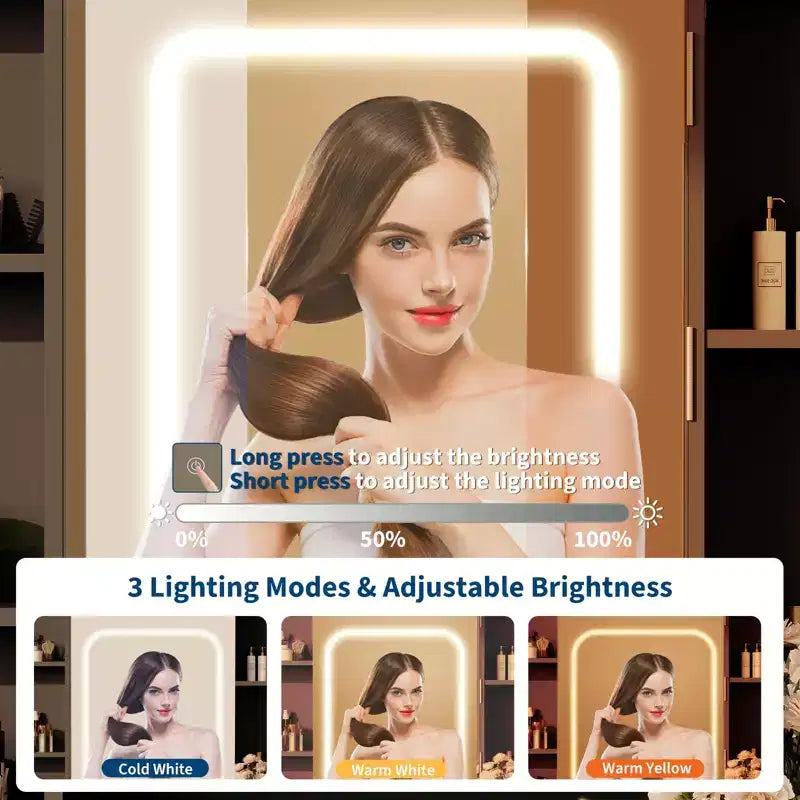 Vanity Desk with Mirror and Lights, for Bedroom, Adjustable 3 Color Lights Modes, Includes Padded Stool, Makeup Table Set with Hidden Storage Shelves