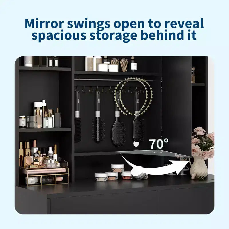 Vanity Desk with Mirror and Lights, for Bedroom, Adjustable 3 Color Lights Modes, Includes Padded Stool, Makeup Table Set with Hidden Storage Shelves