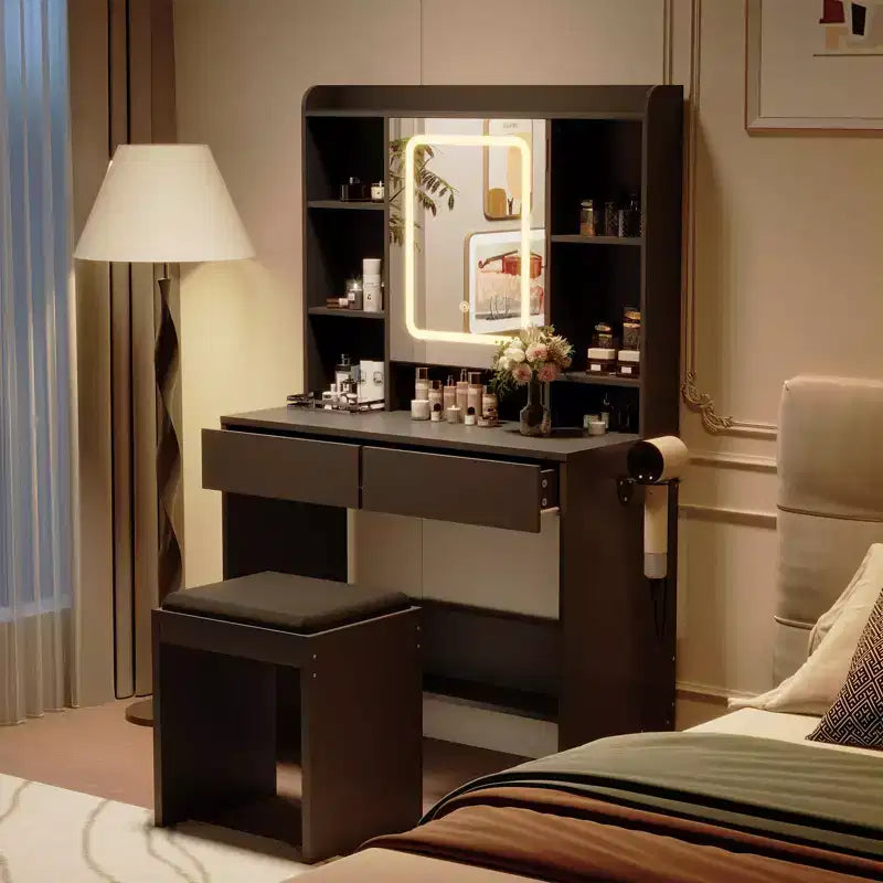 Vanity Desk with Mirror and Lights, for Bedroom, Adjustable 3 Color Lights Modes, Includes Padded Stool, Makeup Table Set with Hidden Storage Shelves