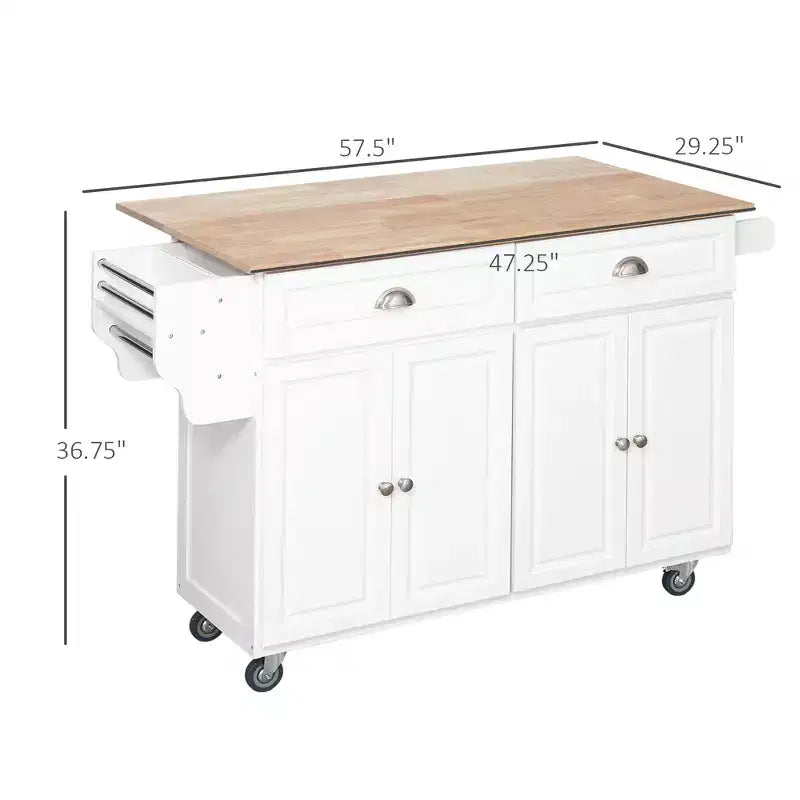 Rolling Kitchen Island Cart with Drop Leaf, Kitchen Cart on Wheels with Wood Top, 2 Drawers and 2 Storage Cabinets, Island Table for Kitchen