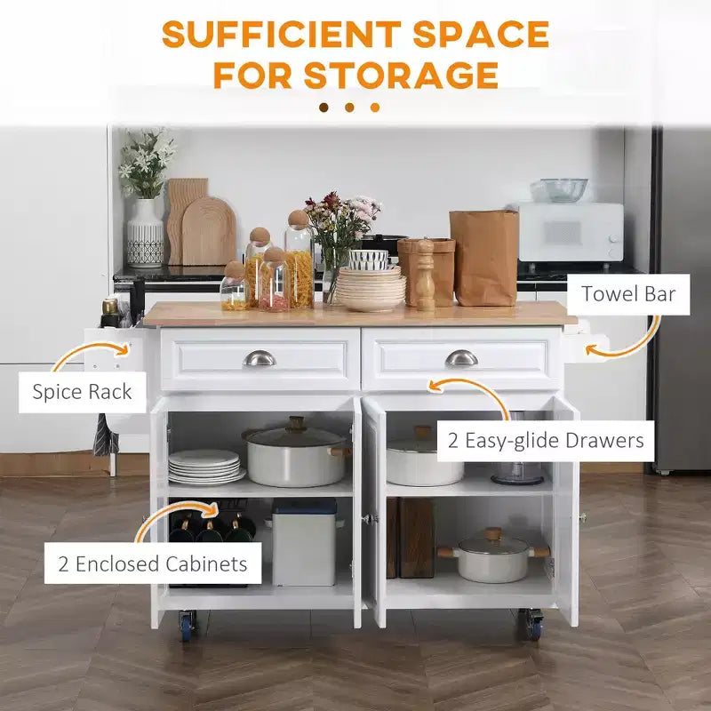 Rolling Kitchen Island Cart with Drop Leaf, Kitchen Cart on Wheels with Wood Top, 2 Drawers and 2 Storage Cabinets, Island Table for Kitchen
