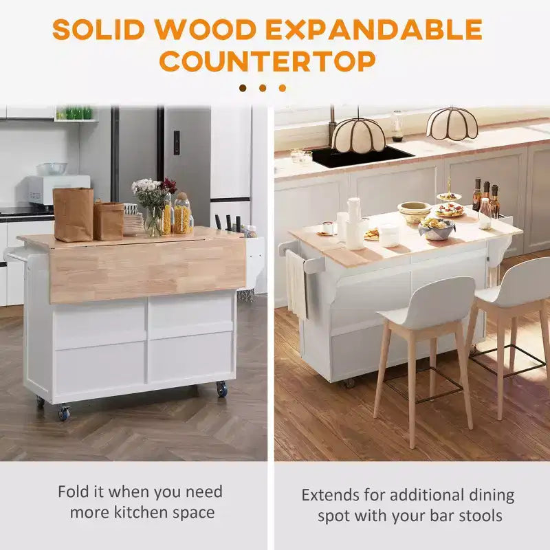 Rolling Kitchen Island Cart with Drop Leaf, Kitchen Cart on Wheels with Wood Top, 2 Drawers and 2 Storage Cabinets, Island Table for Kitchen