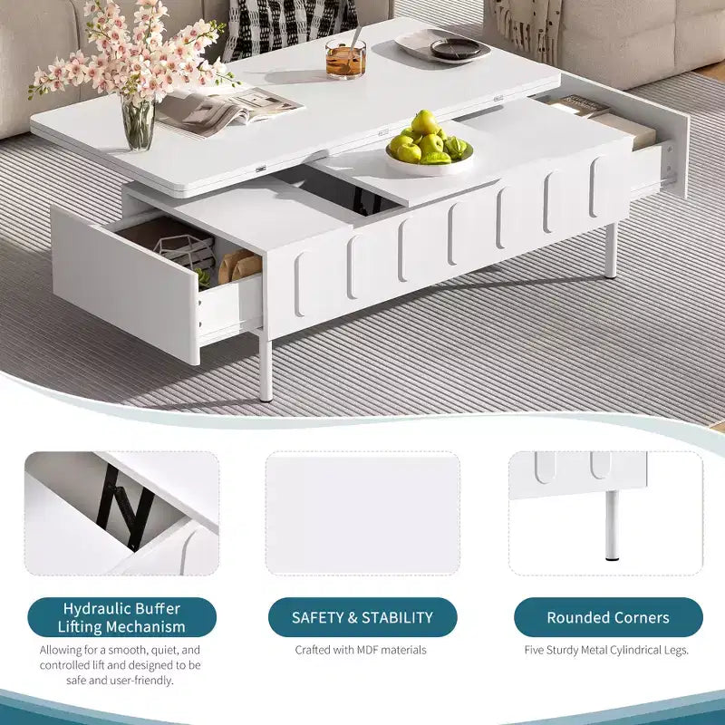 Extendable Coffee Table with Lift Top, Modern Center Table with Extend Hidden Storage and Drawers for Living Room