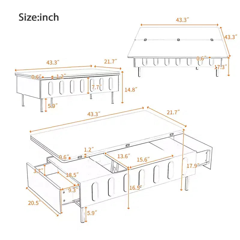 Extendable Coffee Table with Lift Top, Modern Center Table with Extend Hidden Storage and Drawers for Living Room