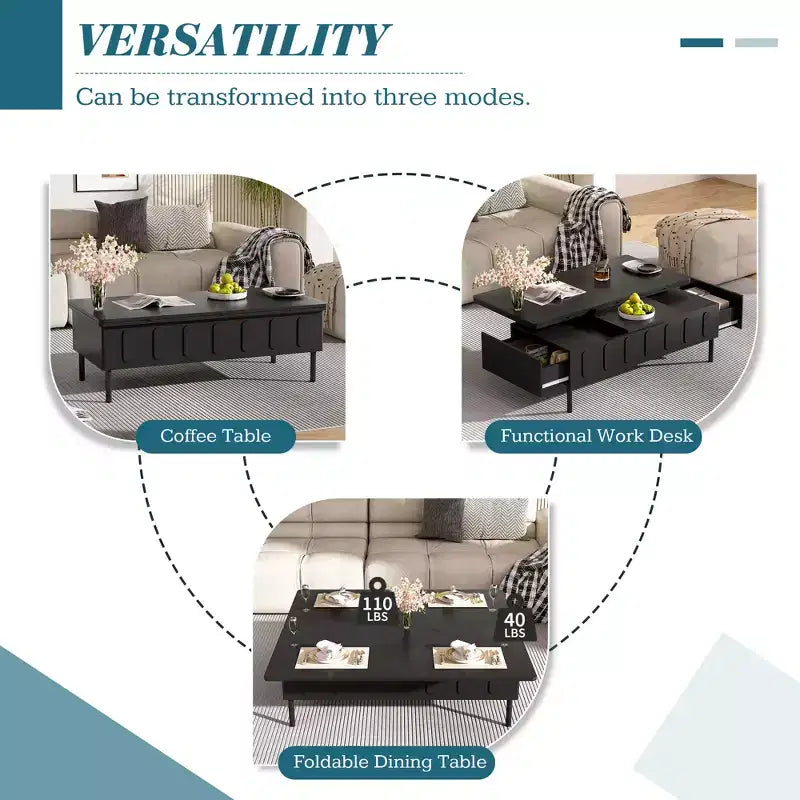 Extendable Coffee Table with Lift Top, Modern Center Table with Extend Hidden Storage and Drawers for Living Room