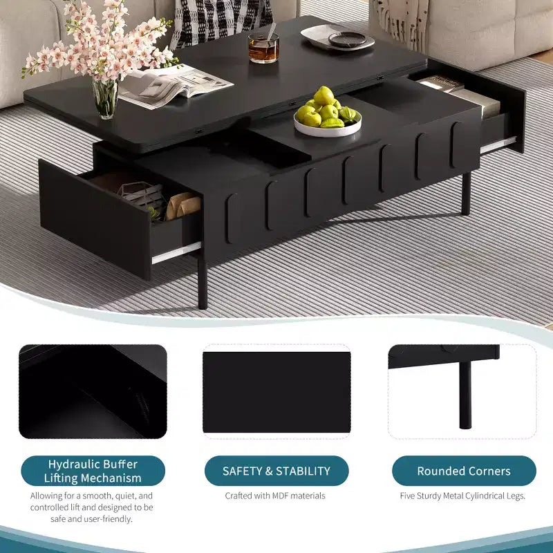 Extendable Coffee Table with Lift Top, Modern Center Table with Extend Hidden Storage and Drawers for Living Room
