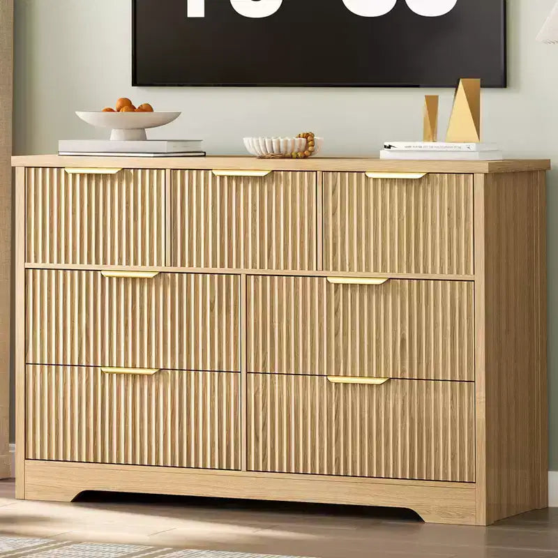 Modern Fluted Dresser for Bedroom with 7 Drawers, Wide Long Dresser Wood Storage Cabinet, Furniture TV Stand w/Metal Handles, Wicker Dressers