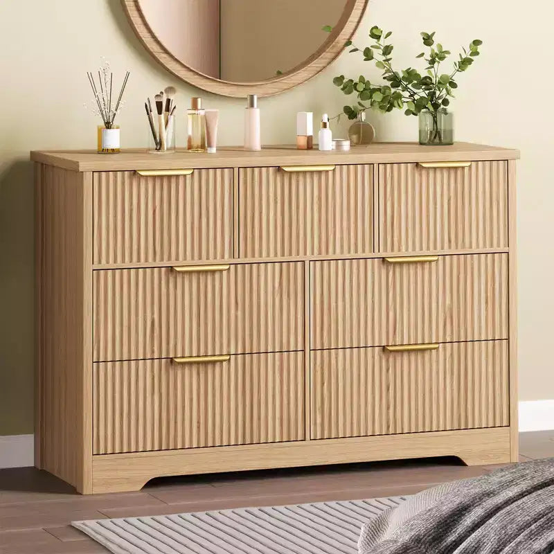 Modern Fluted Dresser for Bedroom with 7 Drawers, Wide Long Dresser Wood Storage Cabinet, Furniture TV Stand w/Metal Handles, Wicker Dressers