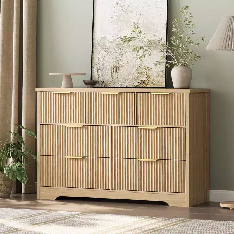 Modern Fluted Dresser for Bedroom with 7 Drawers, Wide Long Dresser Wood Storage Cabinet, Furniture TV Stand w/Metal Handles, Wicker Dressers