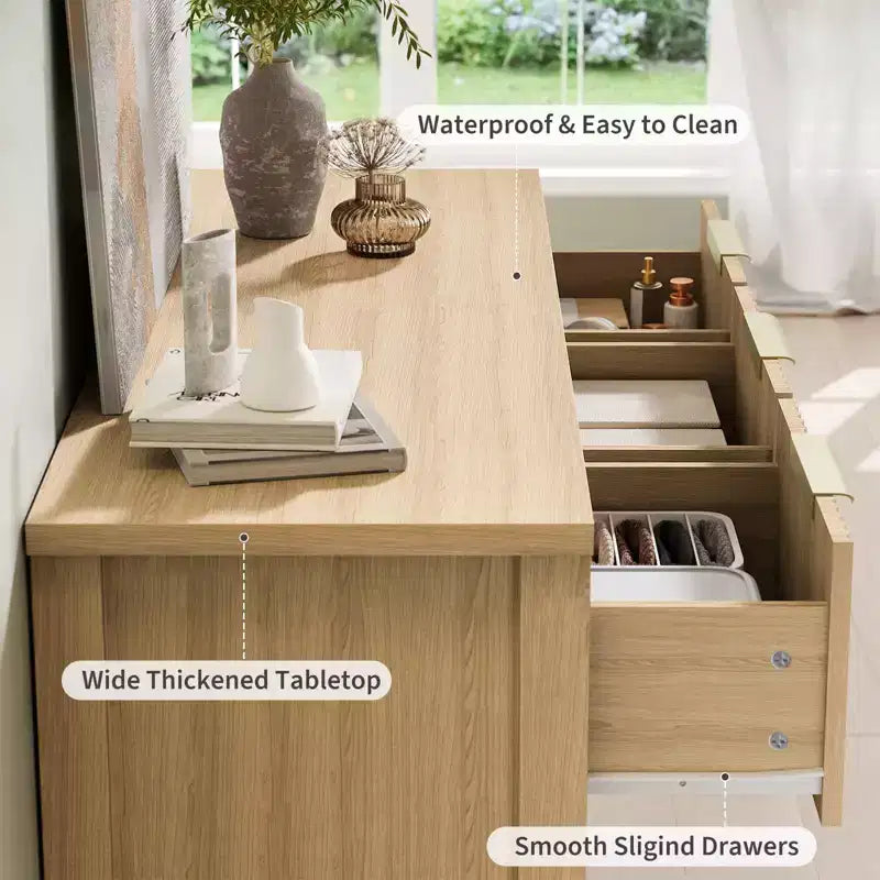 Modern Fluted Dresser for Bedroom with 7 Drawers, Wide Long Dresser Wood Storage Cabinet, Furniture TV Stand w/Metal Handles, Wicker Dressers