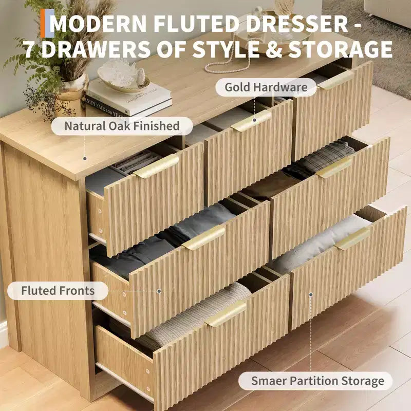 Modern Fluted Dresser for Bedroom with 7 Drawers, Wide Long Dresser Wood Storage Cabinet, Furniture TV Stand w/Metal Handles, Wicker Dressers