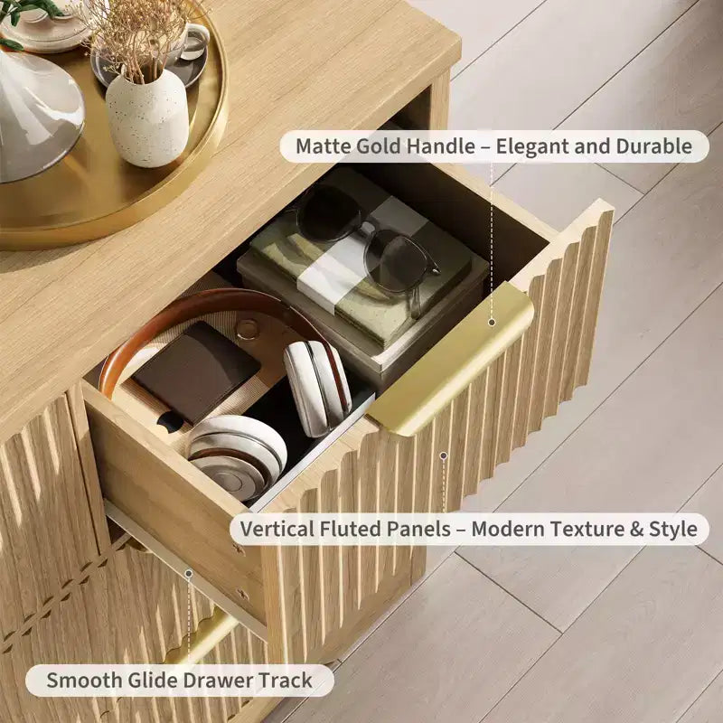 Modern Fluted Dresser for Bedroom with 7 Drawers, Wide Long Dresser Wood Storage Cabinet, Furniture TV Stand w/Metal Handles, Wicker Dressers