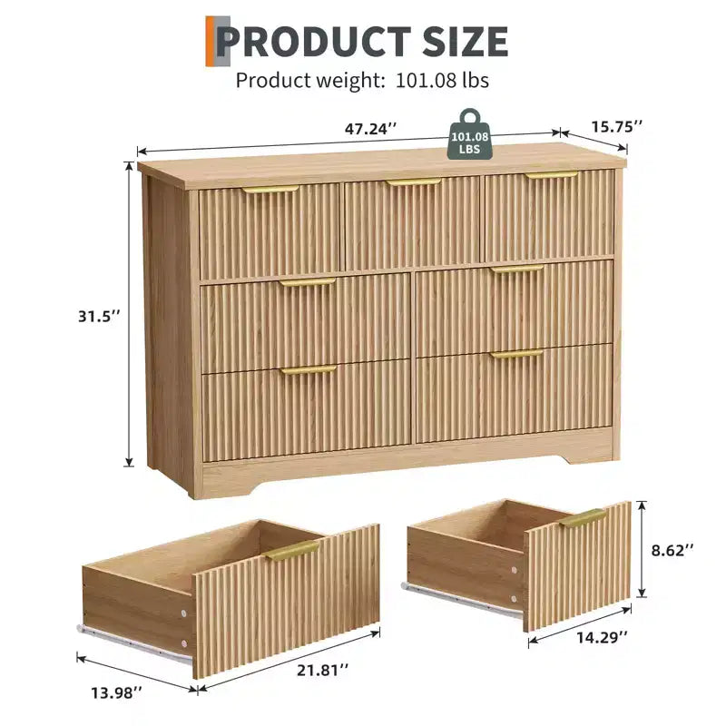 Modern Fluted Dresser for Bedroom with 7 Drawers, Wide Long Dresser Wood Storage Cabinet, Furniture TV Stand w/Metal Handles, Wicker Dressers
