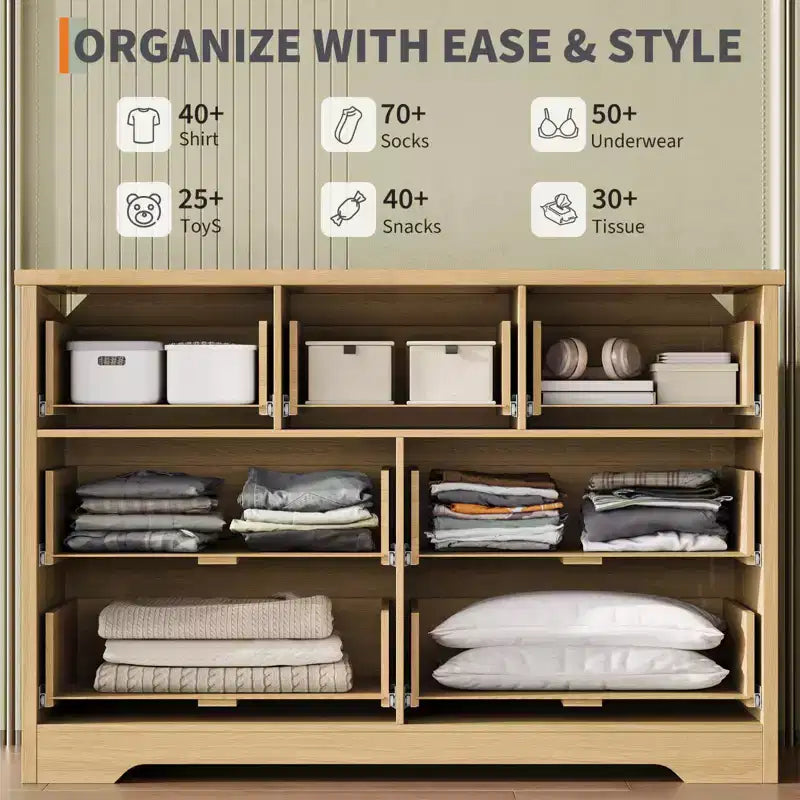Modern Fluted Dresser for Bedroom with 7 Drawers, Wide Long Dresser Wood Storage Cabinet, Furniture TV Stand w/Metal Handles, Wicker Dressers