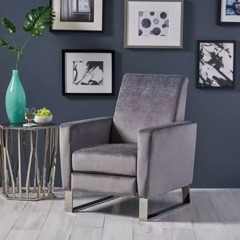 Christopher Knight Home Brightwood Modern Press-Back Recliner Gray : Upholstered Accent Chair, Steel Legs, Wood Frame